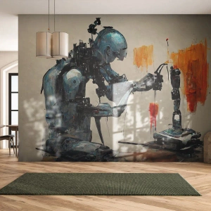 Fotomural Premium Canvas - Robot trabajando con fondo abstracto - 100x70cm - Próximamente... - Decoración de pared moderna para salón y dormitorio ARTTOR