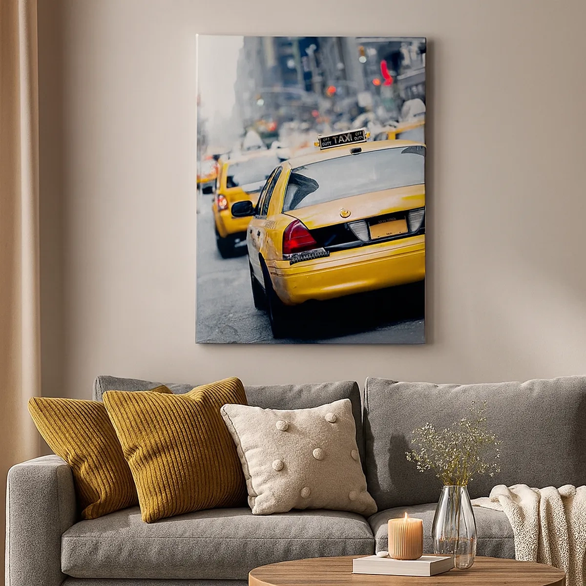 Cuadro sobre lienzo - Impresión de Imagen - Taxis amarillos en una concurrida calle de la ciudad en el centro de la metrópoli. - 50x70cm - Solo en esta ciudad - Decoración de pared moderna para salón y dormitorio ARTTOR