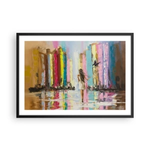 Póster en marco negro - Una ciudad colorida y una mujer con un vestido blanco con un pájaro. - 70x50cm - Sígueme - Decoración de pared moderna para salón y dormitorio ARTTOR