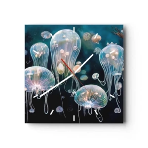 Reloj de pared - Reloj de vidrio - Delicadas medusas en el mundo submarino - 30x30cm - Globos submarinos - Decoración de pared moderna para salón y dormitorio ARTTOR