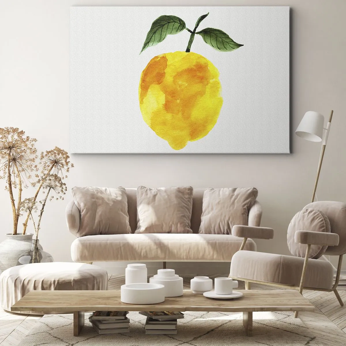 Cuadro sobre lienzo - Impresión de Imagen - Limón de acuarela con hojas verdes sobre un fondo claro. - 70x50cm - Cómo conocer el sabor del sol - Decoración de pared moderna para salón y dormitorio ARTTOR