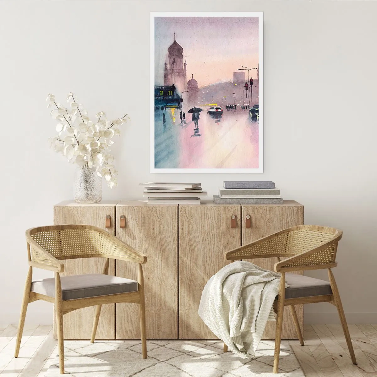 Póster - Escena de la ciudad con siluetas de personas y luces en la niebla de la lluvia. - 50x70cm - En una niebla lluviosa - Decoración de pared moderna para salón y dormitorio ARTTOR