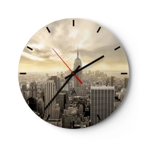 Reloj de pared - Reloj de vidrio - Un panorama de la ciudad con un característico rascacielos en sepia. - 30x30cm - Tejido neoyorquino en tonos grises - Decoración de pared moderna para salón, cocina y dormitorio ARTTOR