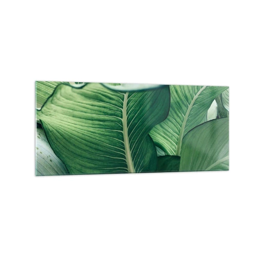 Cuadro sobre vidrio - Impresiones sobre Vidrio - Hojas verdes con detalles expresivos y estructura. - 120x50cm - Vida intensamente verde - Decoración de pared moderna para salón y dormitorio ARTTOR