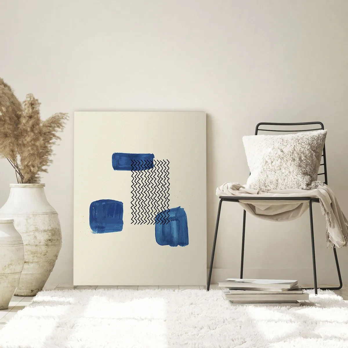 Cuadro sobre vidrio - Impresiones sobre Vidrio - Composición abstracta con manchas azules y líneas onduladas. - 80x120cm - Un cuarteto abstracto - Decoración de pared moderna para salón y dormitorio ARTTOR