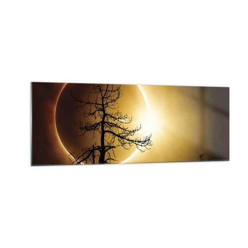 Cuadro sobre vidrio - Impresiones sobre Vidrio - Eclipse solar con una silueta de árbol en primer plano - 140x50cm - Eclipse total - Decoración de pared moderna para salón y dormitorio ARTTOR