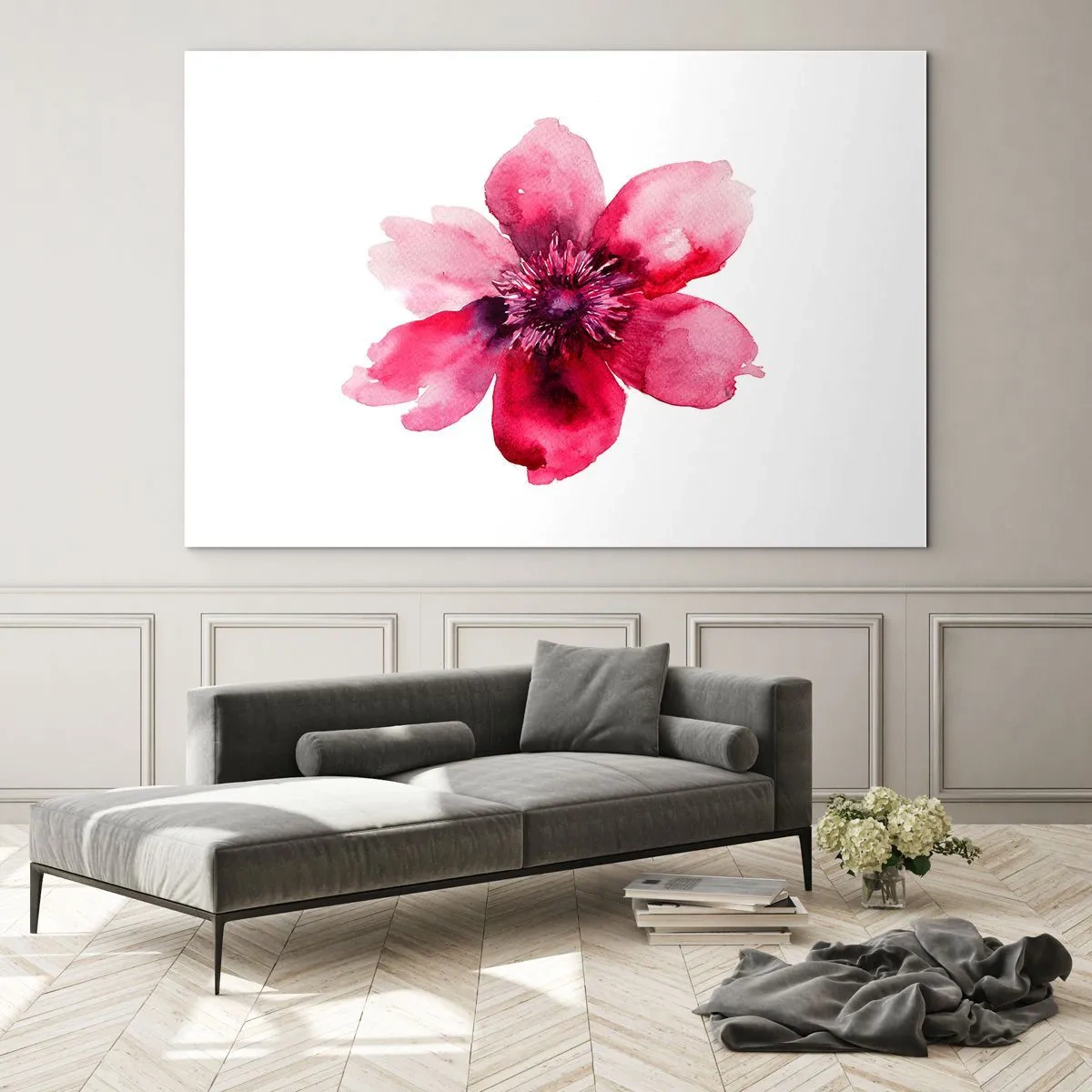 Cuadro sobre vidrio - Impresiones sobre Vidrio - Ilustración de acuarela de una flor roja sobre un fondo blanco. - 120x80cm - Un beso con aroma a carmín - Decoración de pared moderna para salón y dormitorio ARTTOR