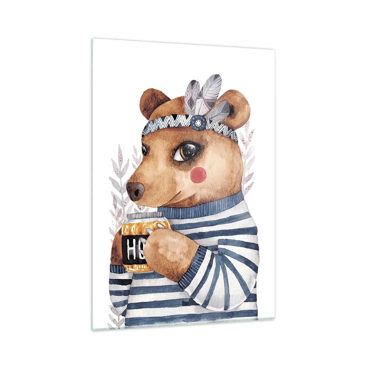 Cuadro sobre vidrio - Impresiones sobre Vidrio - Un osito de peluche rayado con una taza de miel y plumas. - 50x70cm - Dulce oso - Decoración de pared moderna para salón y dormitorio ARTTOR