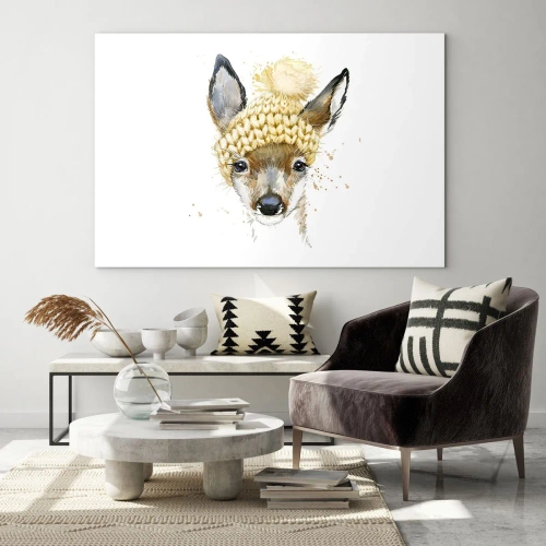 Cuadro sobre vidrio - Impresiones sobre Vidrio - Un corzo con un gorro de lana y pompón. - 120x80cm - Para el invierno en un bosque nevado - Decoración de pared moderna para salón y dormitorio ARTTOR