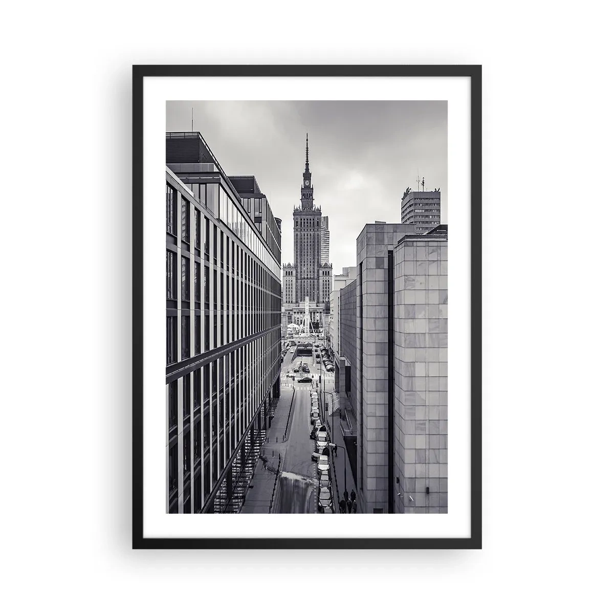 Póster en marco negro - Vista del Palacio de la Cultura y la Ciencia de Varsovia en tonos grises - 50x70cm - Valle de Varsovia - Decoración de pared moderna para salón y dormitorio ARTTOR