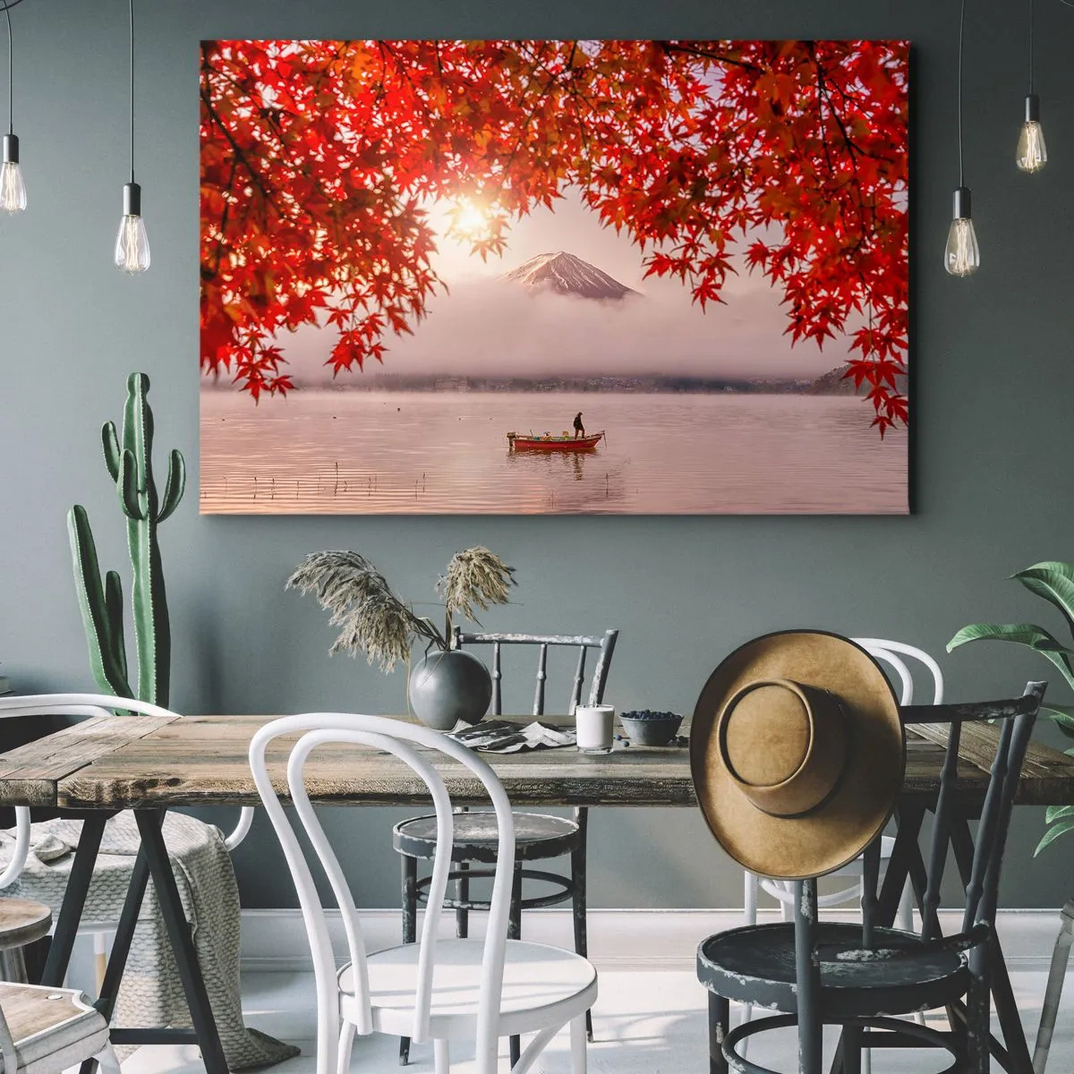 Cuadro sobre lienzo - Impresión de Imagen - Un barco en un lago rodeado de hojas de arce rojas. - 70x50cm - Estilo japonés - Decoración de pared moderna para salón y dormitorio ARTTOR