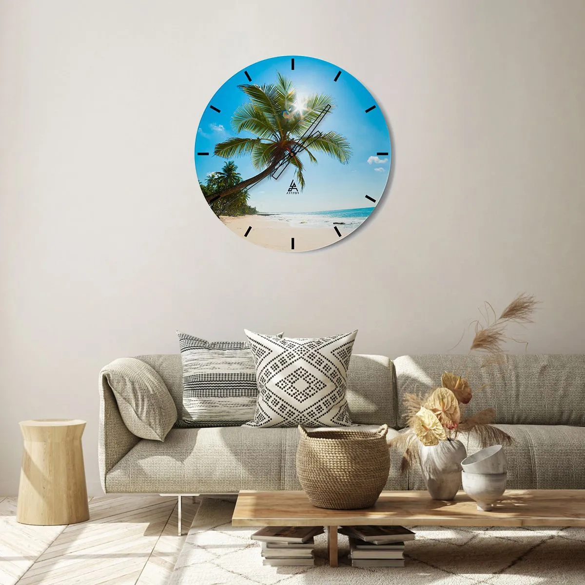 Reloj de pared - Reloj de vidrio - Playa tropical con palmeras y un cielo azul iluminado por el sol. - 30x30cm - Mi lugar privado - Decoración de pared moderna para salón, cocina y dormitorio ARTTOR
