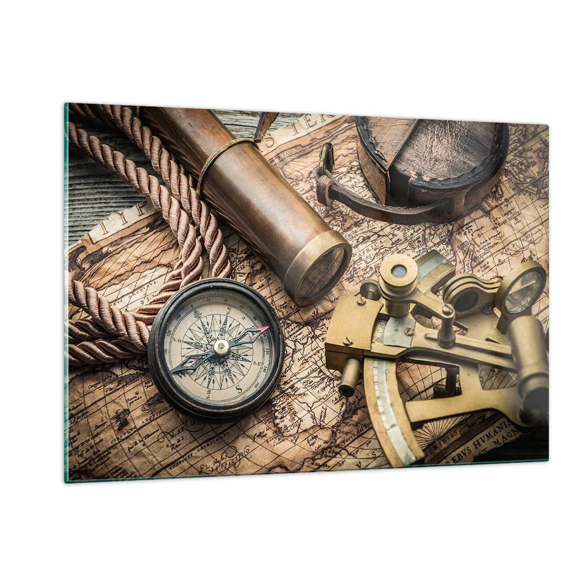Cuadro sobre vidrio - Impresiones sobre Vidrio - Brújula, mapa y ayudas para la navegación de estilo retro - 120x80cm - Establecer un rumbo - Decoración de pared moderna para salón y dormitorio ARTTOR