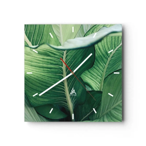Reloj de pared - Reloj de vidrio - Hojas verdes con detalles expresivos y estructura. - 30x30cm - Vida intensamente verde - Decoración de pared moderna para salón y dormitorio ARTTOR