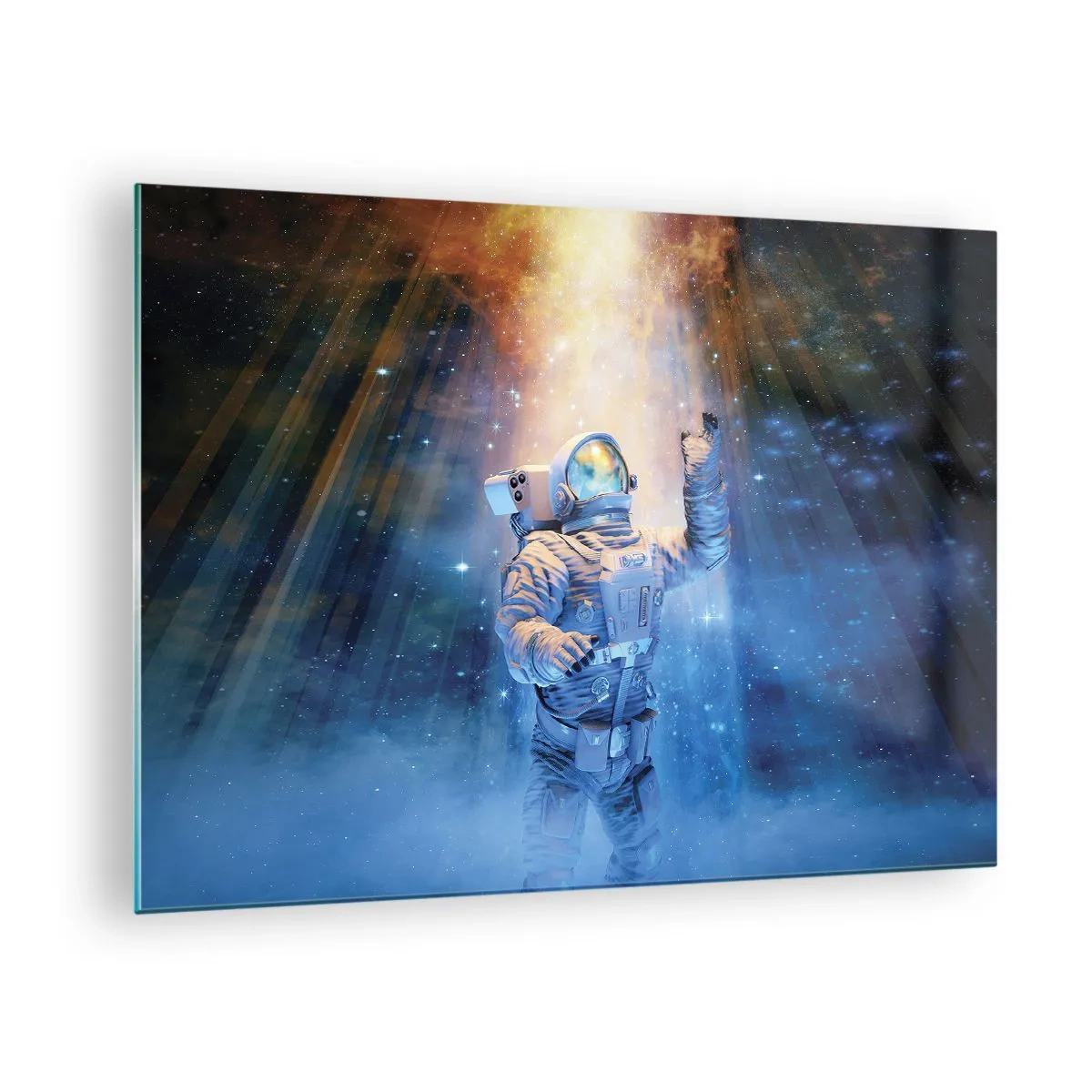 Cuadro sobre vidrio - Impresiones sobre Vidrio - Un astronauta en el espacio iluminado por rayos de luz. - 70x50cm - El descubrimiento - Decoración de pared moderna para salón y dormitorio ARTTOR