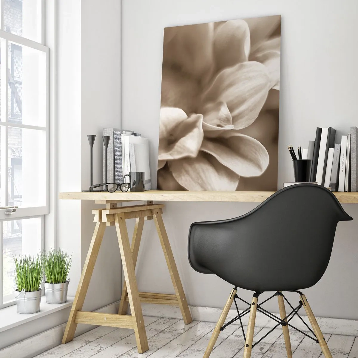 Cuadro sobre vidrio - Impresiones sobre Vidrio - Fotografía macro de pétalos de flores claras en sepia. - 50x70cm - Suave como una sonrisa - Decoración de pared moderna para salón y dormitorio ARTTOR
