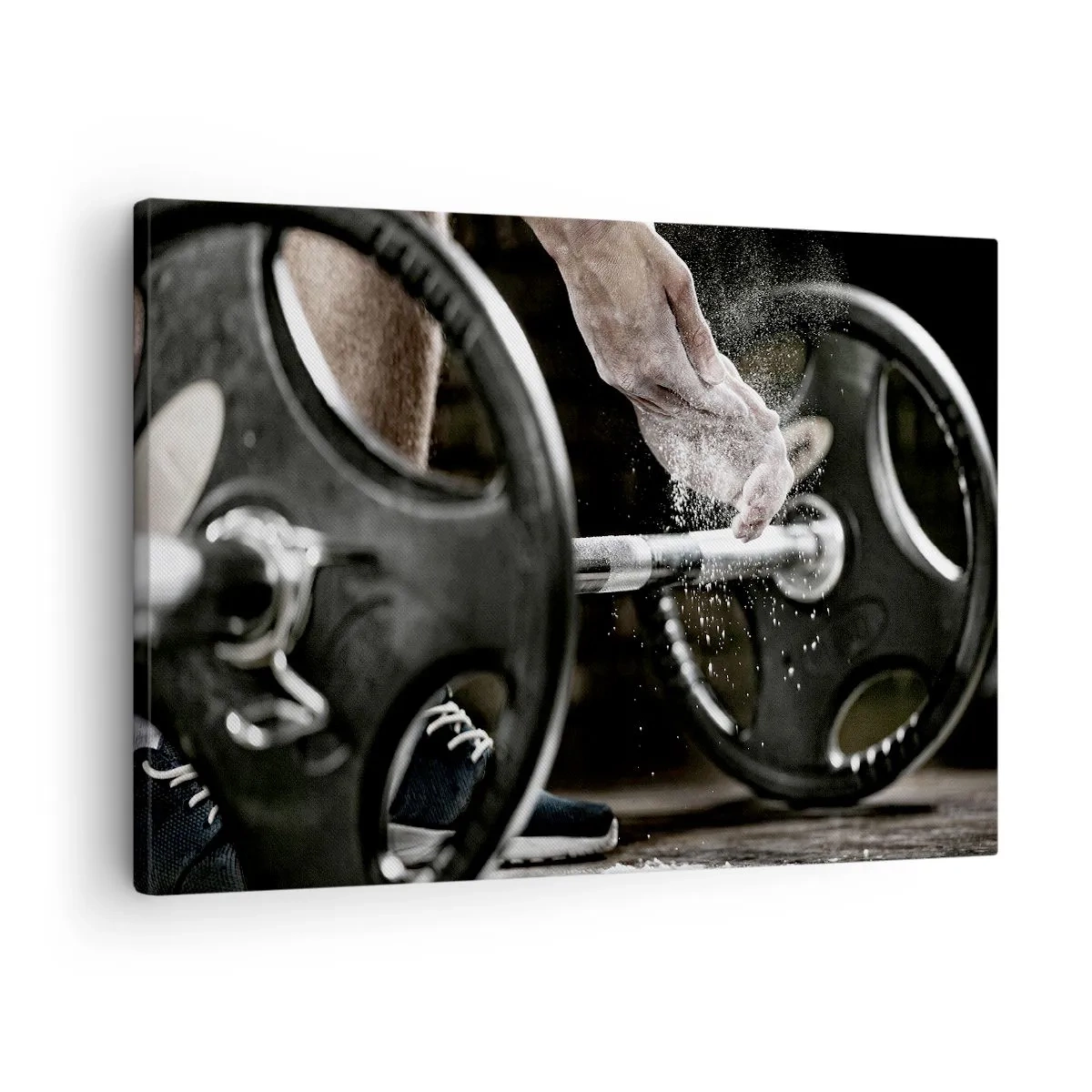 Cuadro sobre lienzo - Impresión de Imagen - Mancuernas y manos de un atleta preparándose para el entrenamiento. - 70x50cm - ¡Reto aceptado! - Decoración de pared moderna para salón y dormitorio ARTTOR