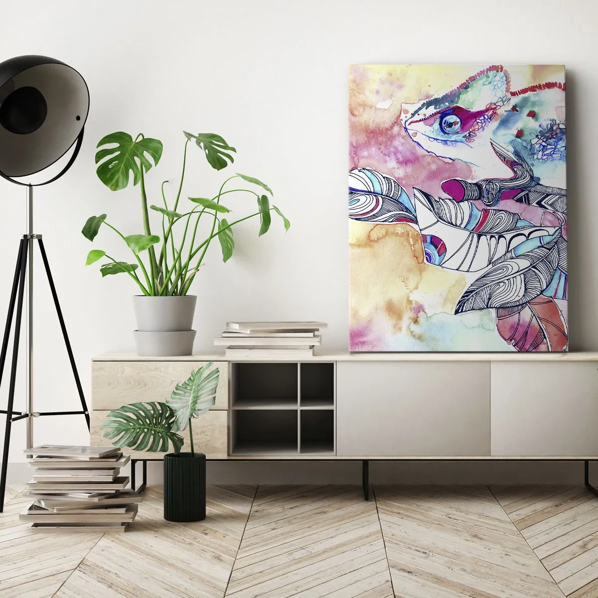 Cuadro sobre lienzo - Impresión de Imagen - Camaleón colorido sobre fondo de hojas abstractas - 70x100cm - Colorido como nuestro mundo - Decoración de pared moderna para salón y dormitorio ARTTOR