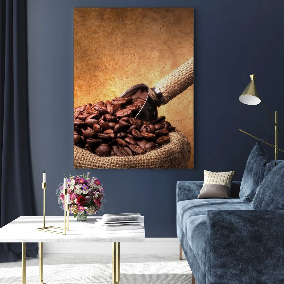 Cuadro sobre vidrio - Impresiones sobre Vidrio - Granos de café en una bolsa de yute con una cuchara de metal. - 70x100cm - En la fuente del sabor - Decoración de pared moderna para salón y dormitorio ARTTOR