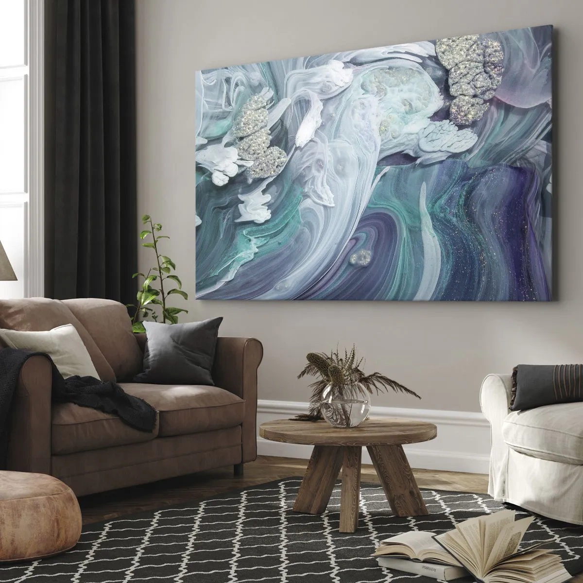 Cuadro sobre lienzo - Impresión de Imagen - Remolinos abstractos en tonos azules y blancos - 70x50cm - Corrientes de azul - Decoración de pared moderna para salón y dormitorio ARTTOR