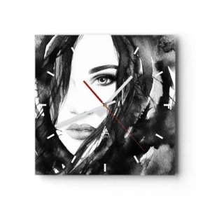 Reloj de pared - Reloj de vidrio - Retrato de una mujer en acuarela en blanco y negro - 30x30cm - Retrato de una dama en blanco y negro - Decoración de pared moderna para salón y dormitorio ARTTOR