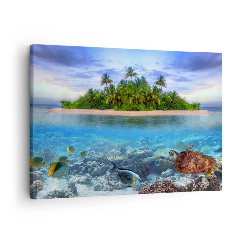 Cuadro sobre lienzo - Impresión de Imagen - Una isla tropical rodeada de un océano turquesa con un arrecife de coral y peces. - 70x50cm - Una isla paradisíaca te invita - Decoración de pared moderna para salón y dormitorio ARTTOR