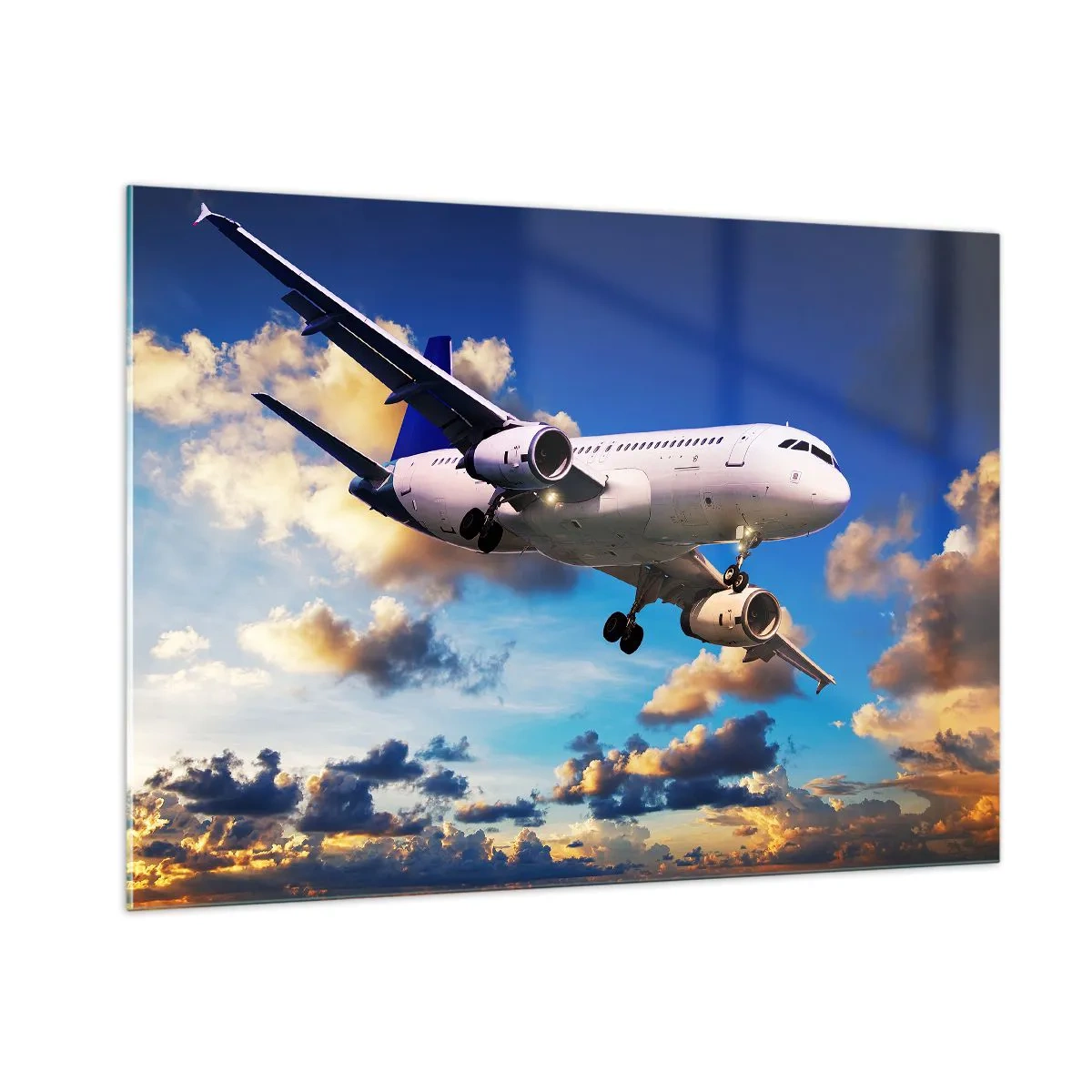 Cuadro sobre vidrio - Impresiones sobre Vidrio - Un avión en vuelo contra un cielo pintoresco. - 100x70cm - Un viaje en blanco y azul - Decoración de pared moderna para salón y dormitorio ARTTOR