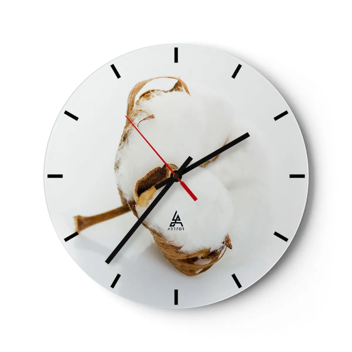 Reloj de pared - Reloj de vidrio - Una rama de algodón natural sobre un fondo blanco. - 30x30cm - Suave por naturaleza - Decoración de pared moderna para salón, cocina y dormitorio ARTTOR