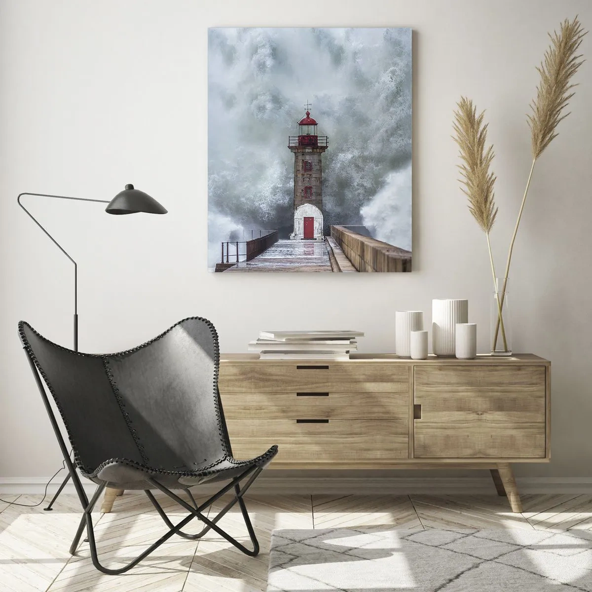 Cuadro sobre vidrio - Impresiones sobre Vidrio - Un faro rodeado de olas fuertes - 70x100cm - El rugido de las aguas, la fuerza del viento - Decoración de pared moderna para salón y dormitorio ARTTOR