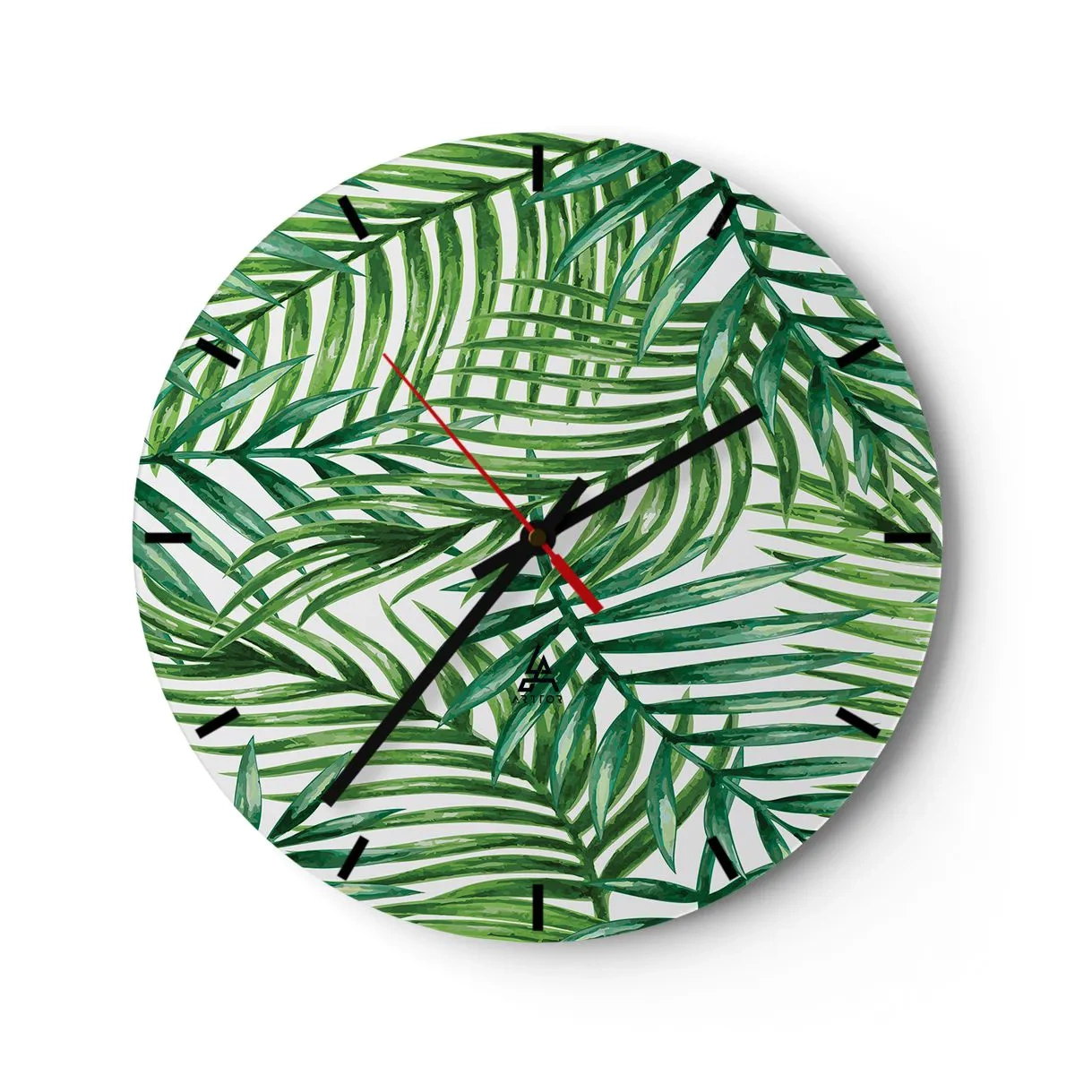 Reloj de pared - Reloj de vidrio - Hojas de palma verdes dispuestas en una composición densa. - 30x30cm - Bajo el verde - Decoración de pared moderna para salón, cocina y dormitorio ARTTOR