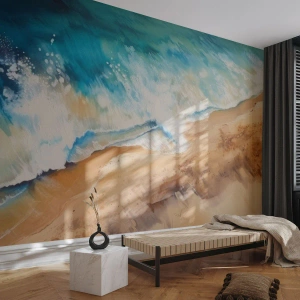 Fotomural Premium Sand - Olas del mar rompiendo en la arena de una playa soleada - 100x70cm - Olas recurrentes - Decoración de pared moderna para salón y dormitorio ARTTOR