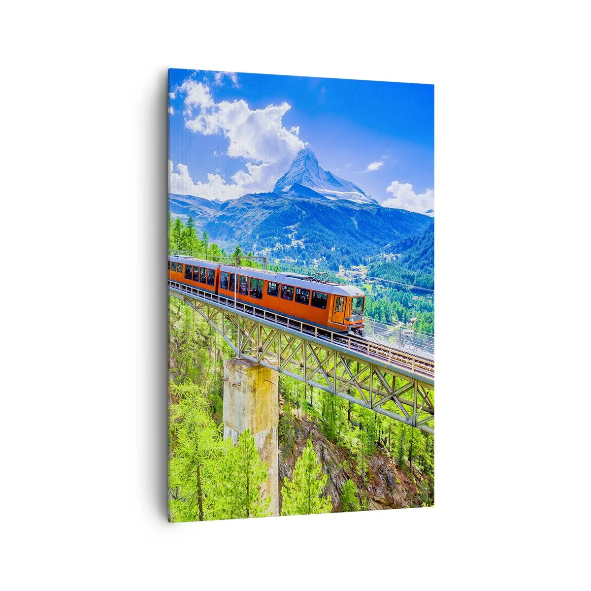 Cuadro sobre lienzo - Impresión de Imagen - Una montaña rusa en un puente con vistas a una cascada y montañas. - 80x120cm - Ferrocarril a los Alpes - Decoración de pared moderna para salón y dormitorio ARTTOR