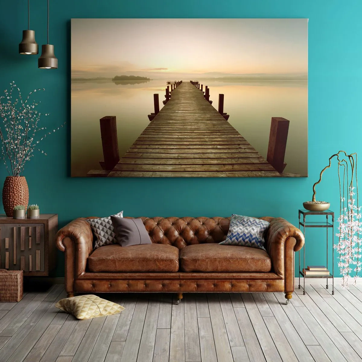 Cuadro sobre lienzo - Impresión de Imagen - Un embarcadero de madera en un lago tranquilo por la mañana. - 120x80cm - Antes del amanecer, al amanecer, la luz - Decoración de pared moderna para salón y dormitorio ARTTOR