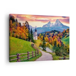 Cuadro sobre lienzo - Impresión de Imagen - Paisaje otoñal de montaña con capilla y puesta de sol. - 70x50cm - Paisaje como una pintura - Decoración de pared moderna para salón y dormitorio ARTTOR
