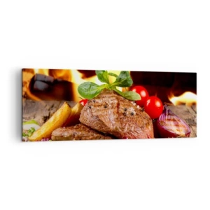 Cuadro sobre lienzo - Impresión de Imagen - Filete a la parrilla con acompañamientos con el telón de fondo de las llamas. - 140x50cm - Embrujo de fuego - Decoración de pared moderna para salón y dormitorio ARTTOR