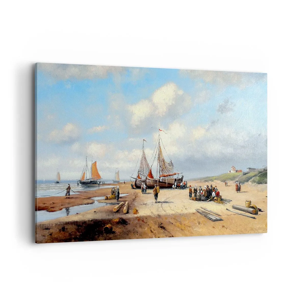 Cuadro sobre lienzo - Impresión de Imagen - Barcos de pesca en la playa con figuras humanas - 120x80cm - Después de una pesca exitosa - Decoración de pared moderna para salón y dormitorio ARTTOR