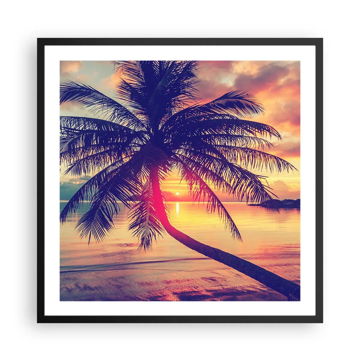Póster en marco negro - Atardecer bajo las palmeras - 60x60 cm