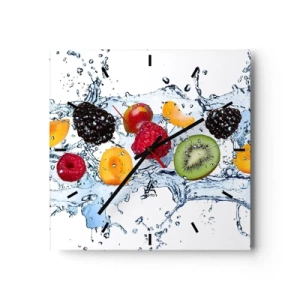 Reloj de pared - Reloj de vidrio - Frutas coloridas sumergidas en salpicaduras de agua sobre un fondo blanco - 30x30cm - Juega con nosotros - Decoración de pared moderna para salón y dormitorio ARTTOR