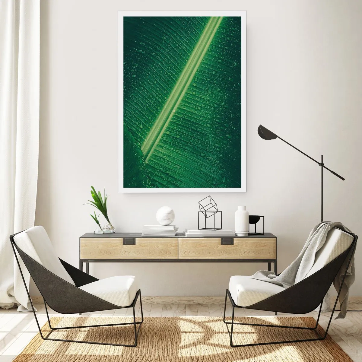 Póster - Primer plano de una hoja verde con gotas de agua. - 50x70cm - Estructura del verde - Decoración de pared moderna para salón y dormitorio ARTTOR