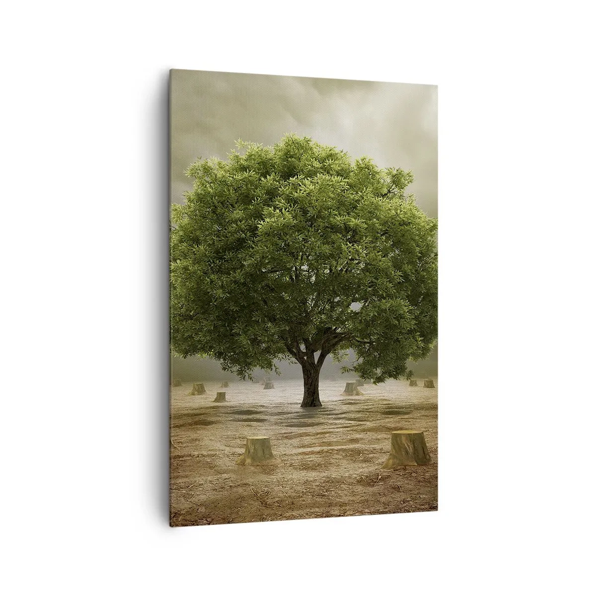 Cuadro sobre lienzo - Impresión de Imagen - Un árbol verde rodeado de troncos talados contra un cielo nublado. - 80x120cm - La esperanza - Decoración de pared moderna para salón y dormitorio ARTTOR