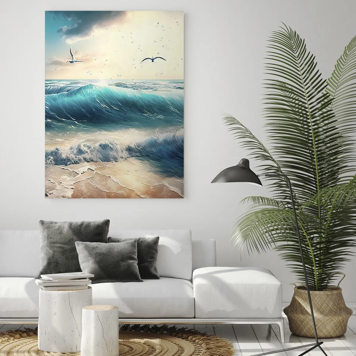 Cuadro sobre vidrio - Impresiones sobre Vidrio - Olas del mar en la playa bajo un cielo azul con gaviotas - 70x100cm - La brisa solo para ti - Decoración de pared moderna para salón y dormitorio ARTTOR