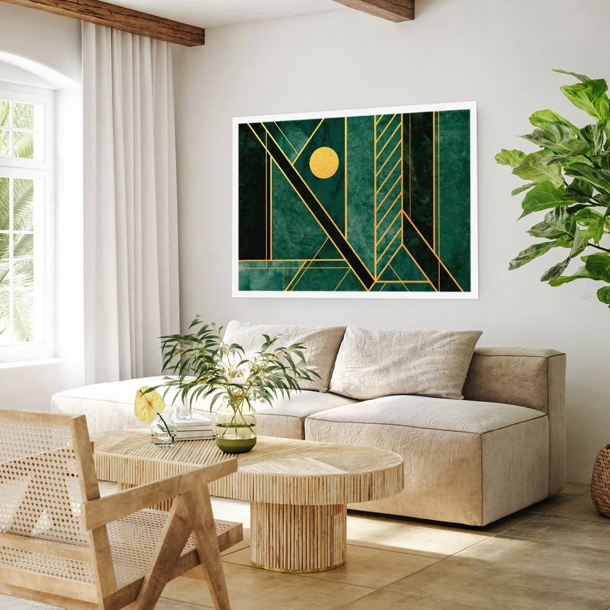 Póster - Diseño geométrico verde y dorado con un patrón elegante. - 100x70cm - La dinámica del oro y el azul - Decoración de pared moderna para salón y dormitorio ARTTOR