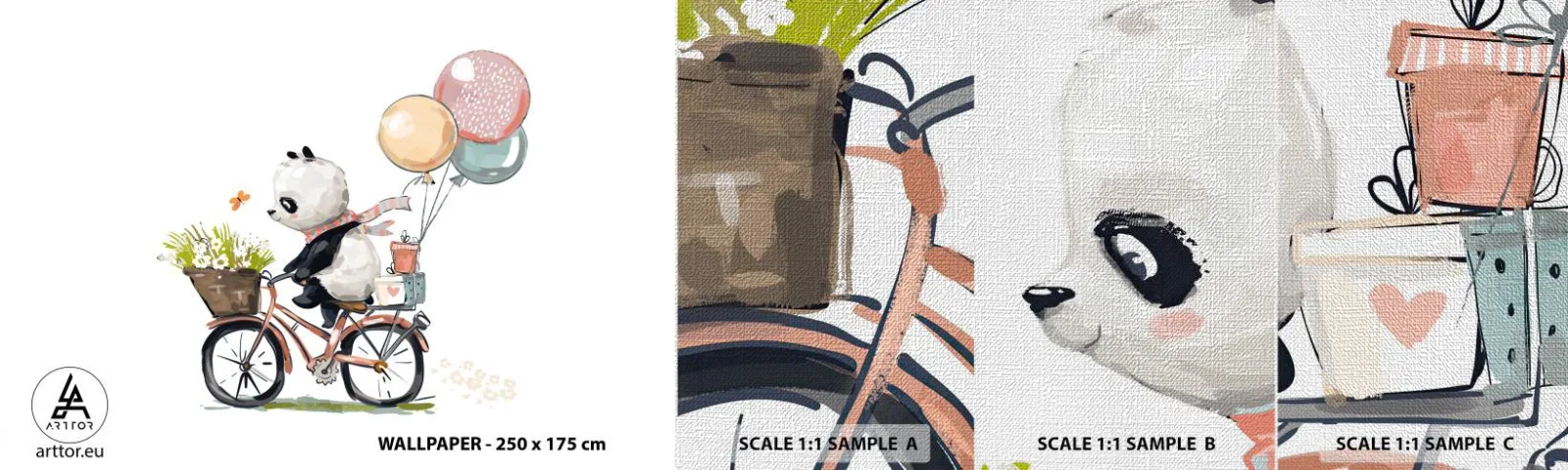 Muestra de fotomural Premium Canvas - Un día feliz - Para niños, Panda en bicicleta, Abstracción - 100x30 cm