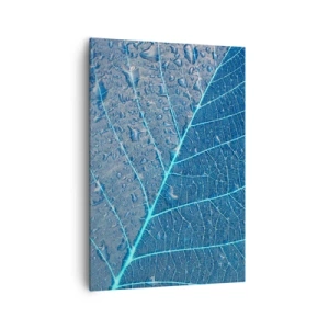 Cuadro sobre lienzo - Impresión de Imagen - Una hoja en tonos azules con gotas de agua. - 70x100cm - Vida en el azul - Decoración de pared moderna para salón y dormitorio ARTTOR