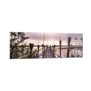 Cuadro sobre vidrio - Impresiones sobre Vidrio - Puente de bambú sobre el agua al amanecer - 160x50cm - La tranquilidad de Asia - Decoración de pared moderna para salón y dormitorio ARTTOR
