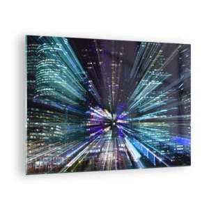Cuadro sobre vidrio - Impresiones sobre Vidrio - Líneas de luz dinámicas con el telón de fondo de una ciudad nocturna. - 70x50cm - Cruzando el hiperespacio - Decoración de pared moderna para salón y dormitorio ARTTOR