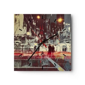 Reloj de pared - Reloj de vidrio - Ciudad de noche con luces de neón y siluetas de personas en la calle. - 30x30cm - Una travesía metropolitana - Decoración de pared moderna para salón y dormitorio ARTTOR