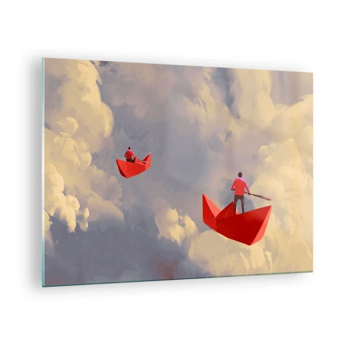Cuadro sobre vidrio - Impresiones sobre Vidrio - Dos personas en botes rojos contra un cielo nublado - 70x50cm - El viaje de un soñador - Decoración de pared moderna para salón y dormitorio ARTTOR