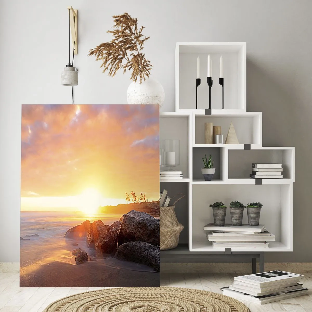 Cuadro sobre vidrio - Impresiones sobre Vidrio - Puesta de sol sobre el mar con piedras en la orilla - 50x70cm - Brisa luminosa del atardecer - Decoración de pared moderna para salón y dormitorio ARTTOR