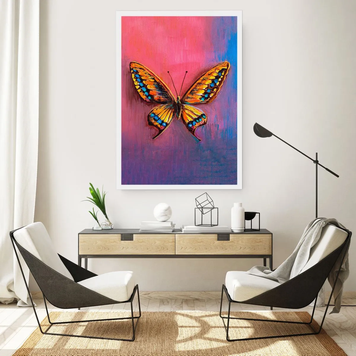 Póster - Una mariposa colorida sobre un fondo artístico con colores intensos. - 50x70cm - Una joya de la naturaleza - Decoración de pared moderna para salón y dormitorio ARTTOR